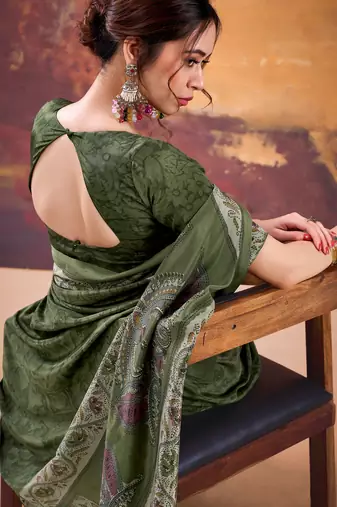 Mehendi crepe printed saree with unstitched blouse