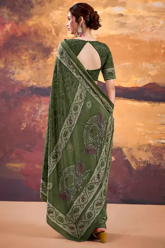 Mehendi crepe printed saree with unstitched blouse
