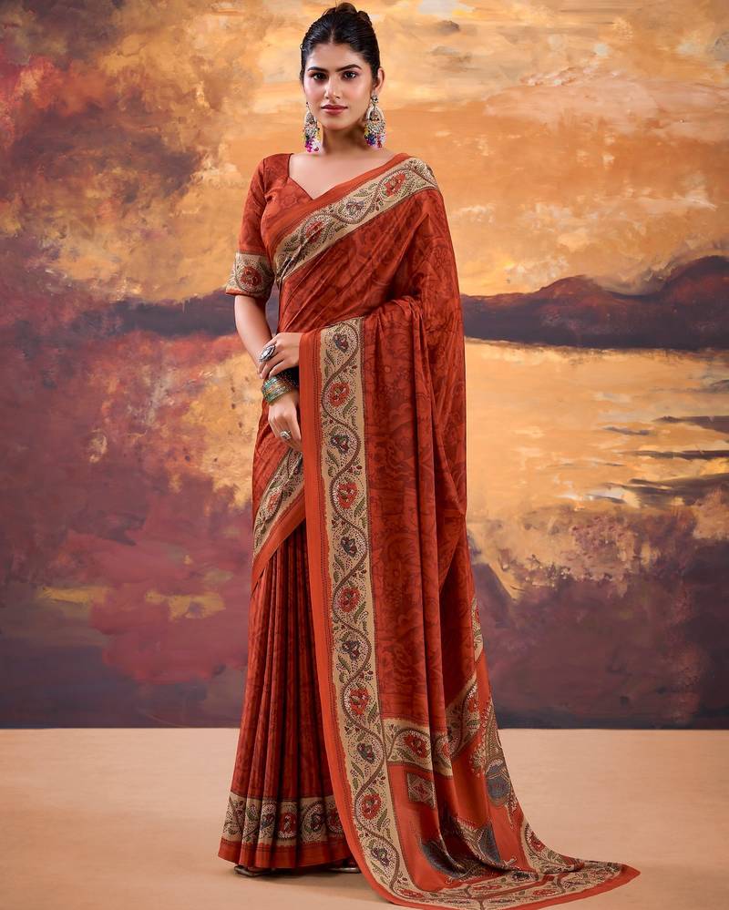 Orange crepe printed saree with unstitched blouse