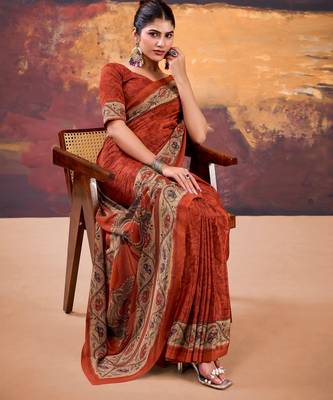 Orange crepe printed saree with unstitched blouse 2