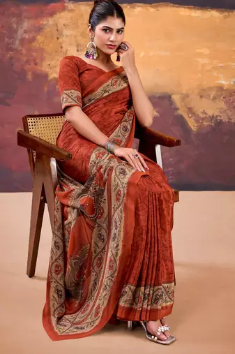 Orange crepe printed saree with unstitched blouse