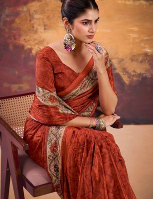 Orange crepe printed saree with unstitched blouse 3