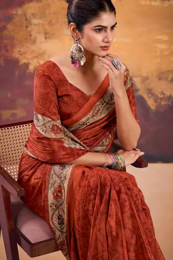 Orange crepe printed saree with unstitched blouse