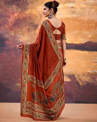 Orange crepe printed saree with unstitched blouse 4