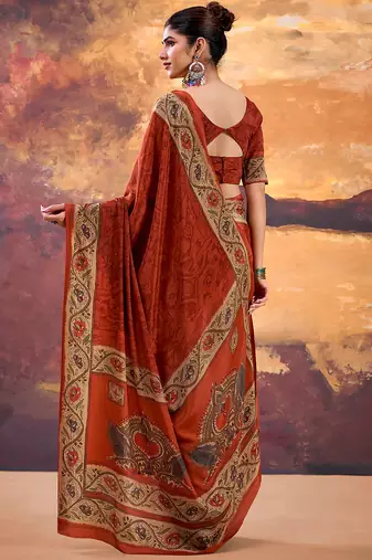 Orange crepe printed saree with unstitched blouse