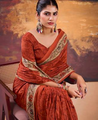 Orange crepe printed saree with unstitched blouse 5