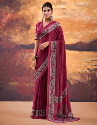 Pink crepe printed saree with unstitched blouse 1