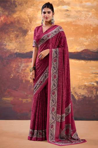 Pink crepe printed saree with unstitched blouse