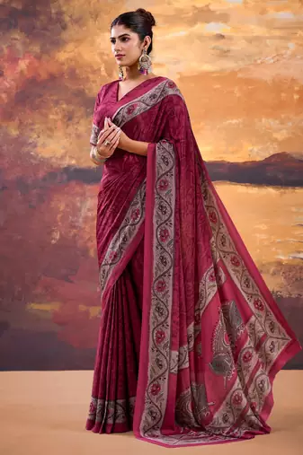 Pink crepe printed saree with unstitched blouse