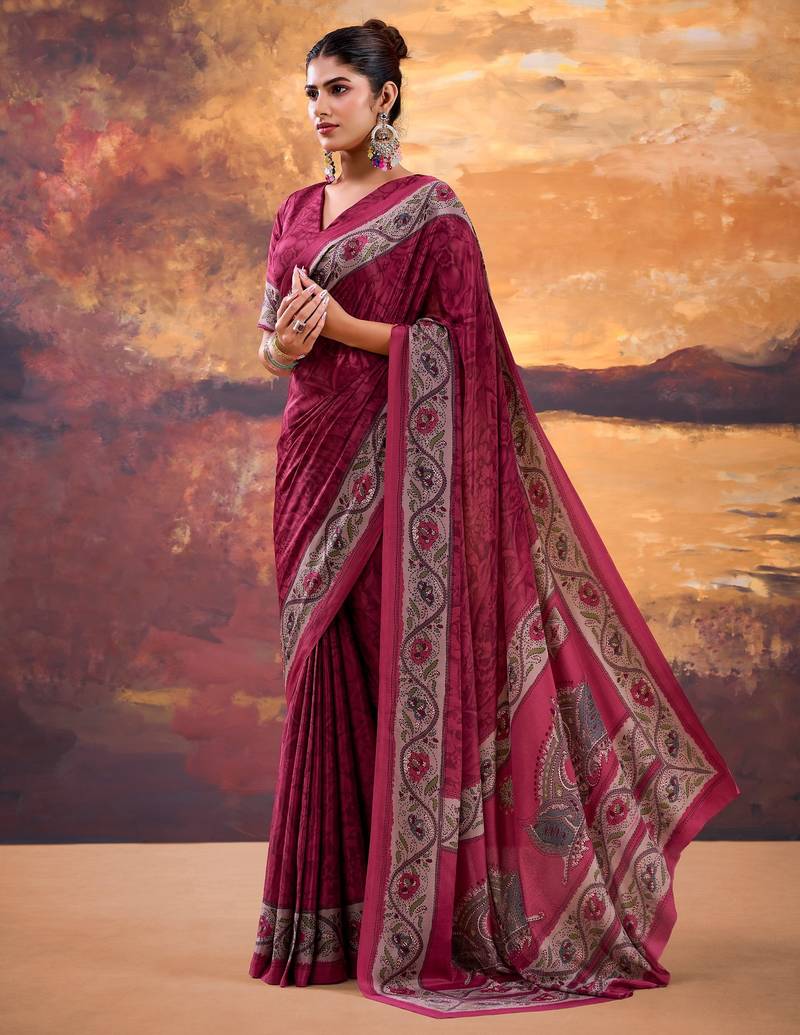 Pink crepe printed saree with unstitched blouse
