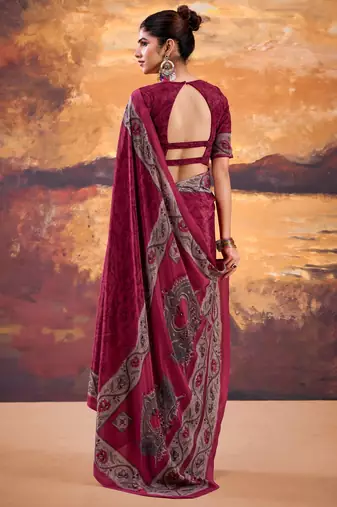 Pink crepe printed saree with unstitched blouse
