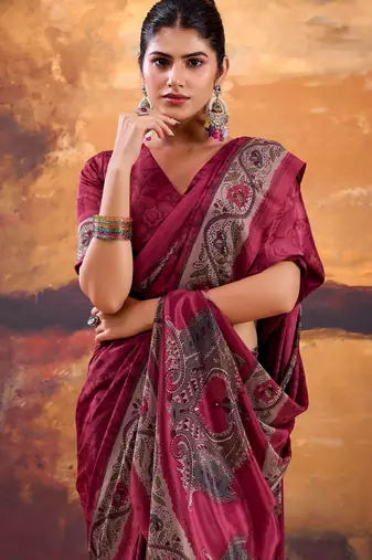 Pink crepe printed saree with unstitched blouse