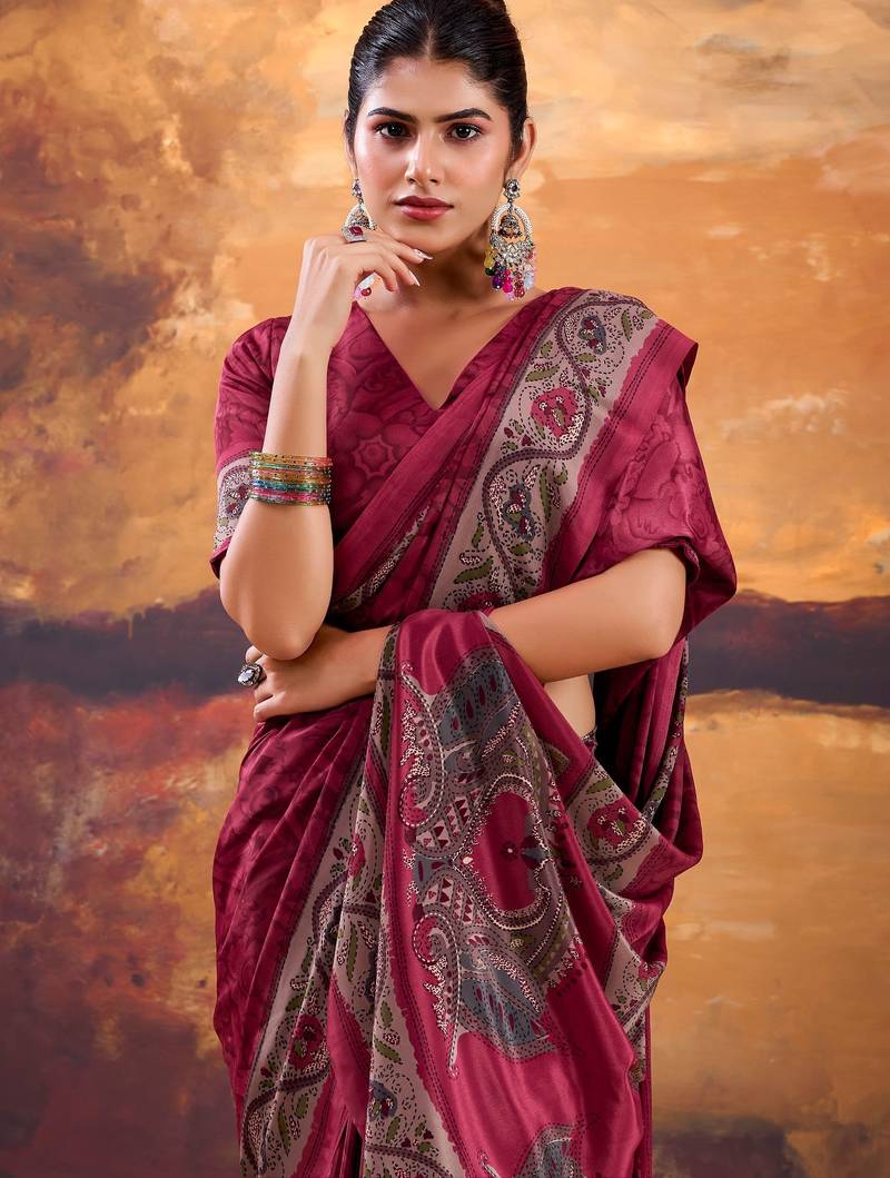 Pink crepe printed saree with unstitched blouse