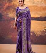 Purple crepe printed saree with unstitched blouse