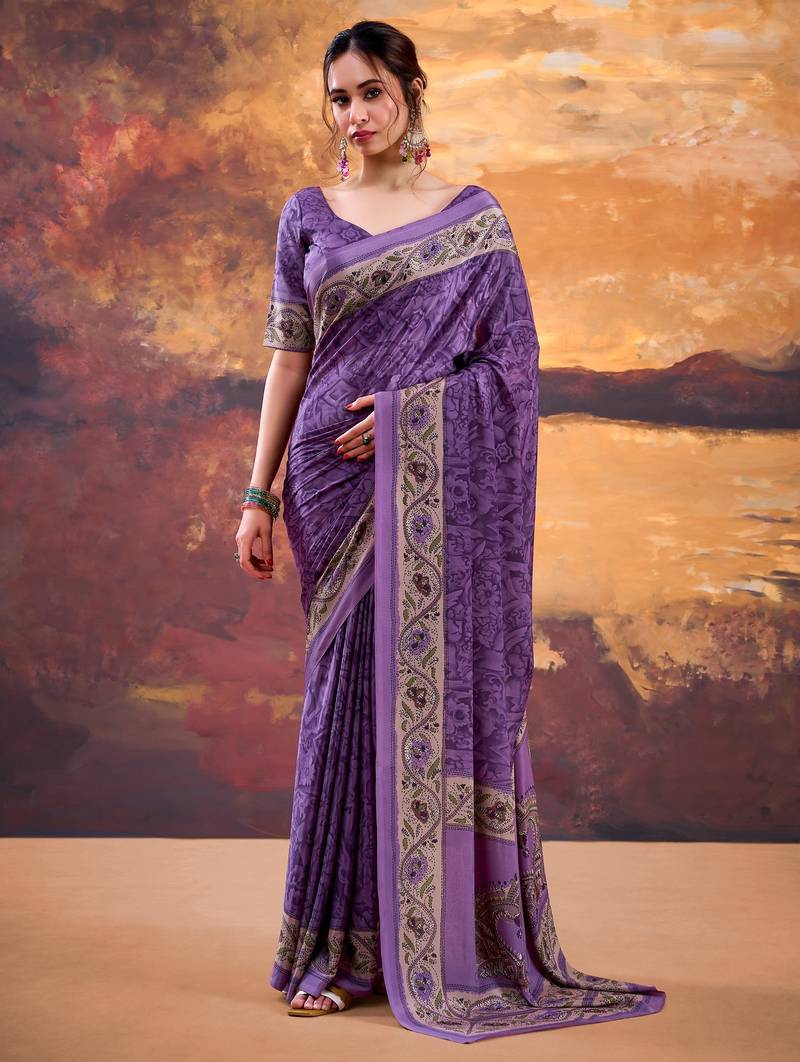 Purple crepe printed saree with unstitched blouse