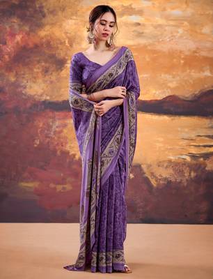 Purple crepe printed saree with unstitched blouse 2