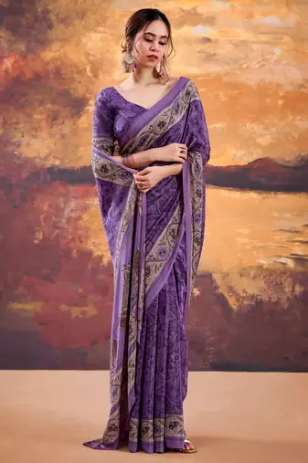 Purple crepe printed saree with unstitched blouse