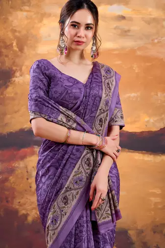 Purple crepe printed saree with unstitched blouse