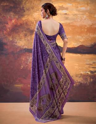 Purple crepe printed saree with unstitched blouse 4