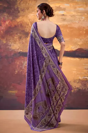 Purple crepe printed saree with unstitched blouse