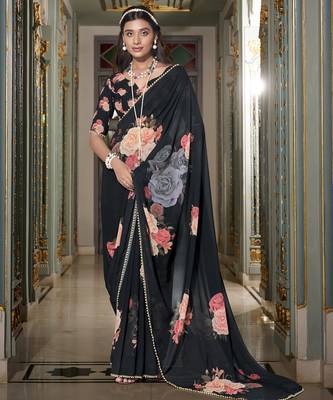 Black spectacular georgette printed with pearl lace saree with unstitched blouse 1