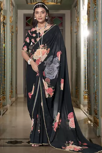 Black spectacular georgette printed with pearl lace saree with unstitched blouse