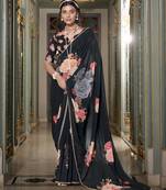 Black spectacular georgette printed with pearl lace saree with unstitched blouse