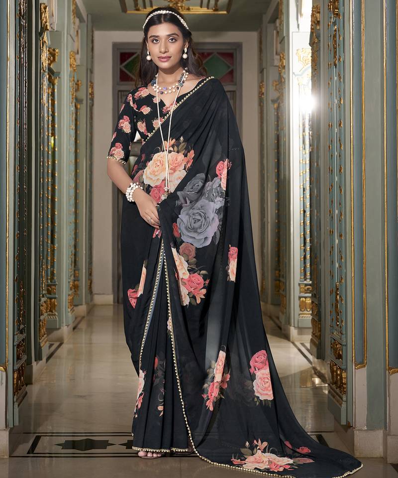 Black spectacular georgette printed with pearl lace saree with unstitched blouse
