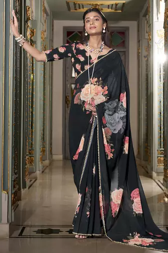 Black spectacular georgette printed with pearl lace saree with unstitched blouse