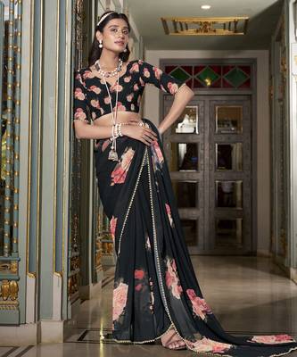 Black spectacular georgette printed with pearl lace saree with unstitched blouse 3