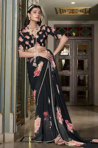Black spectacular georgette printed with pearl lace saree with unstitched blouse
