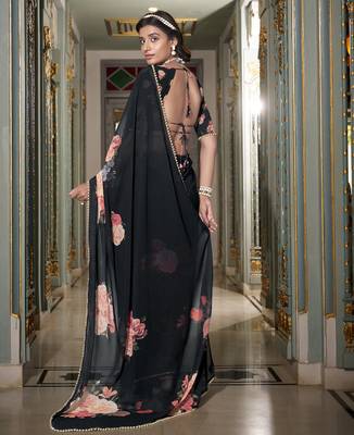 Black spectacular georgette printed with pearl lace saree with unstitched blouse 4