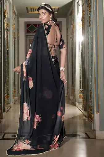 Black spectacular georgette printed with pearl lace saree with unstitched blouse