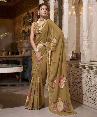 Brown spectacular georgette printed with pearl lace saree with unstitched blouse 1