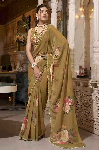 Brown spectacular georgette printed with pearl lace saree with unstitched blouse