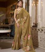 Brown spectacular georgette printed with pearl lace saree with unstitched blouse