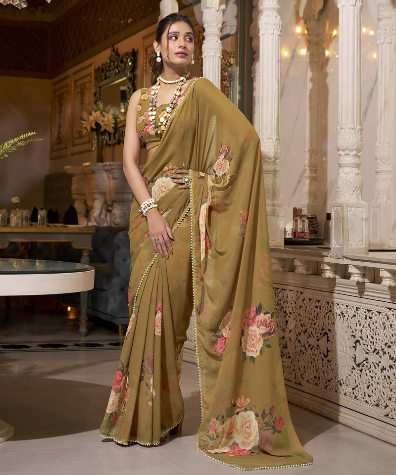 Brown spectacular georgette printed with pearl lace saree with unstitched blouse