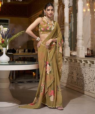 Brown spectacular georgette printed with pearl lace saree with unstitched blouse 2