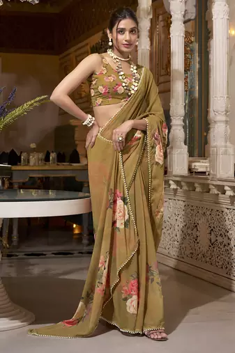 Brown spectacular georgette printed with pearl lace saree with unstitched blouse