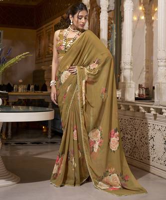Brown spectacular georgette printed with pearl lace saree with unstitched blouse 3
