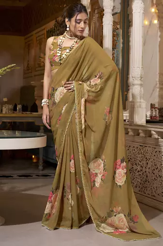 Brown spectacular georgette printed with pearl lace saree with unstitched blouse