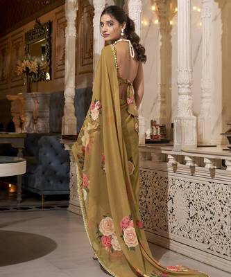 Brown spectacular georgette printed with pearl lace saree with unstitched blouse 4
