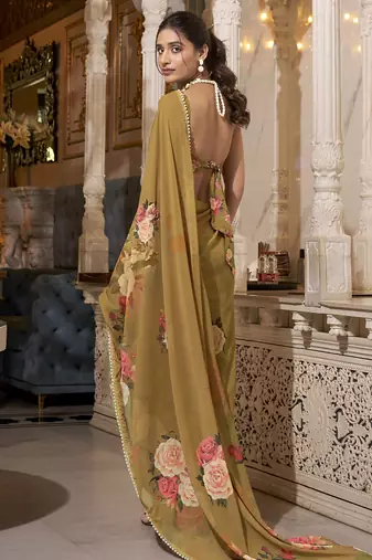 Brown spectacular georgette printed with pearl lace saree with unstitched blouse