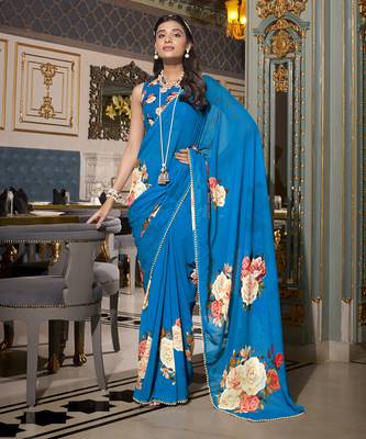 Firozi spectacular georgette printed with pearl lace saree with unstitched blouse 1