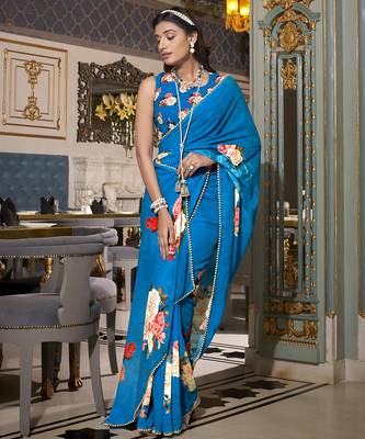 Firozi spectacular georgette printed with pearl lace saree with unstitched blouse 2