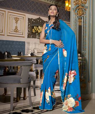 Firozi spectacular georgette printed with pearl lace saree with unstitched blouse 3