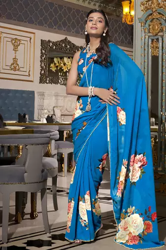 Firozi spectacular georgette printed with pearl lace saree with unstitched blouse