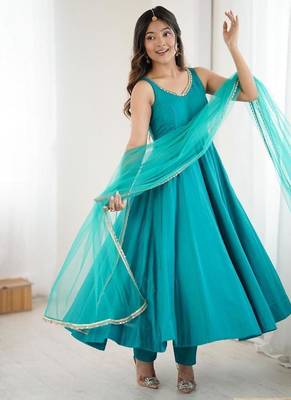 teal blue sleeveless anarkali suit 1
