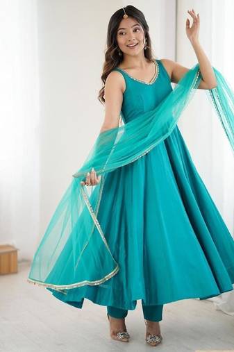 teal blue sleeveless anarkali suit