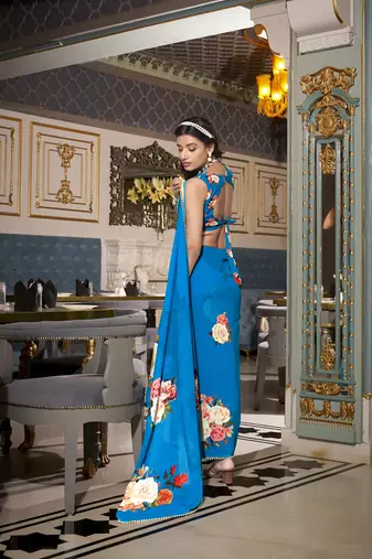 Firozi spectacular georgette printed with pearl lace saree with unstitched blouse